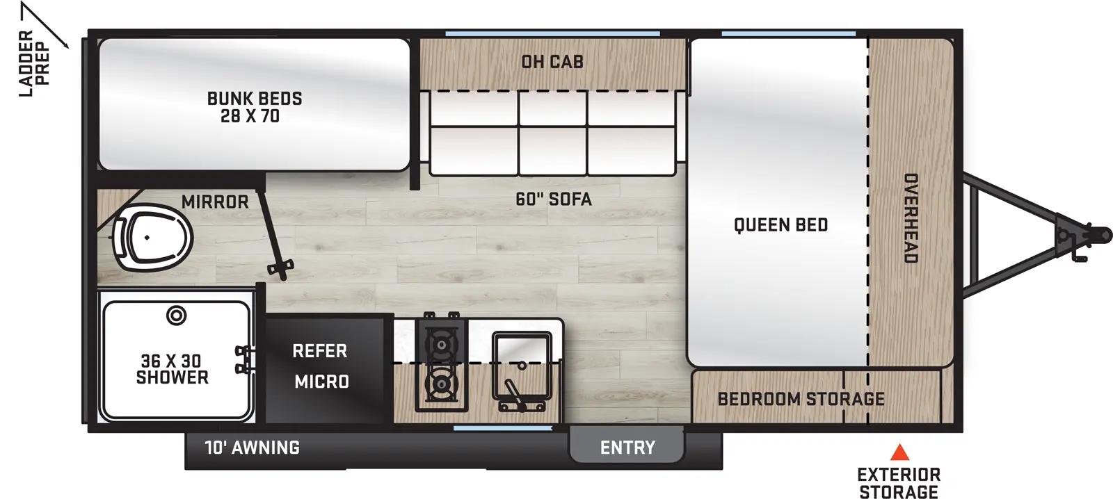 The 16BHX has no slide outs with one entry door on the door side, front storage, and 10 foot awning. Interior layout from front to back: side facing queen bed with cabinets overhead and door side bedroom storage, kitchen living dining area with 60 inch sofa and overhead cabinet on the off-door side, on the door side sink, stove and refrigerator with microwave and cabinets overhead. Bathroom located on the rear door side with shower and toilet only, bunk beds located on the rear off-door side. 